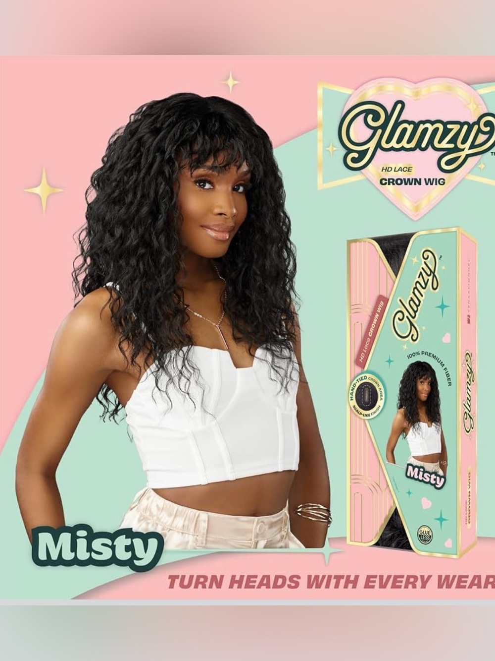 Sensationnel Glamzy Soft Curls and Bangs Glueless HD Lace Hand-Tied Wig Black #2